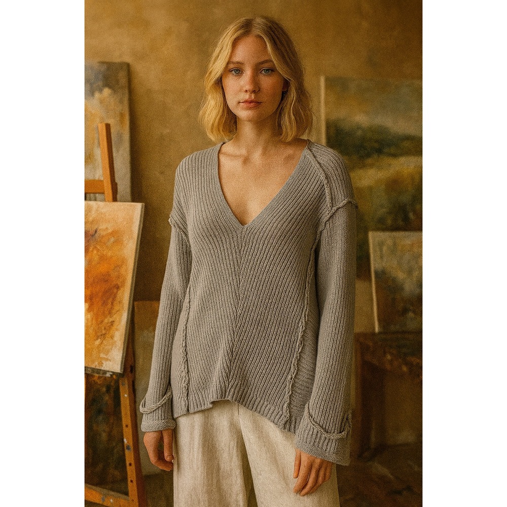 LAJU Sweater Womens Large Gray Ribbed Knit Pullover Artsy Textured Capsule Lagom
